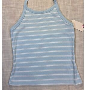 Y2K SO High Neck Halter Top Blue White Striped Ribbed Tank M JG11K030RR